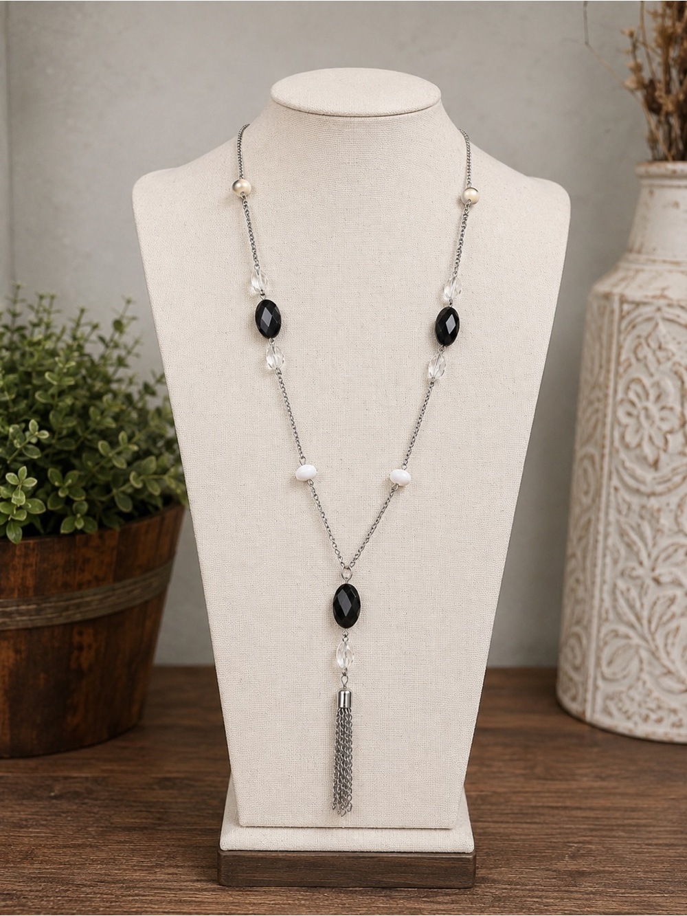 Silver-Tone Black & White Beaded Tassel Necklace (BR1111/3)